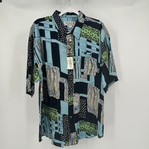 Mens Vintage 90s Abstract Button Up Shirt Size XL Geometric Art Print Blue